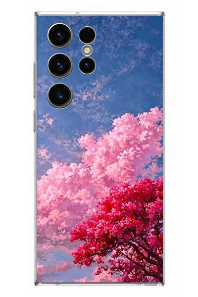 Le Balvo Samsung Galaxy S23 Ultra Uyumlu Kırmızı Pembe Ağaçlar Baskılı Silikon Kılıf