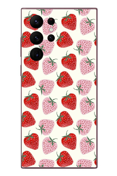 Le Balvo Samsung Galaxy S22 Ultra Uyumlu Kırmızı Pembe Çilekler Baskılı Silikon Kılıf