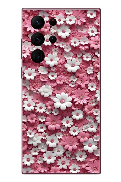 Le Balvo Samsung Galaxy S22 Ultra Uyumlu Beyaz Pembe Papatyalar Baskılı Silikon Kılıf