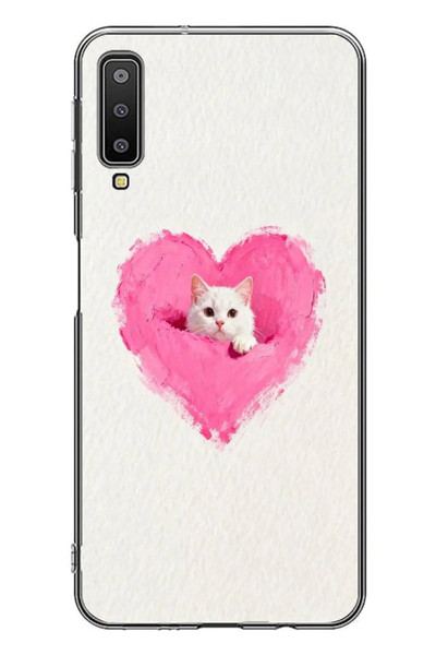 Le Balvo Samsung Galaxy A7 2018 Uyumlu Pembe Kalpli Kedi Baskılı Silikon Kılıf