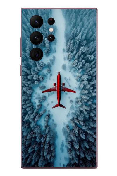 Le Balvo Samsung Galaxy S22 Ultra Uyumlu Kış Ortasında Uçak Baskılı Silikon Kılıf