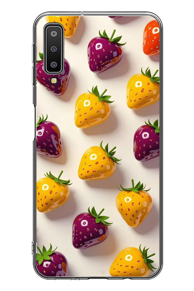 Le Balvo Samsung Galaxy A7 2018 Uyumlu Sarı Kırmızı Çilekler Baskılı Silikon Kılıf