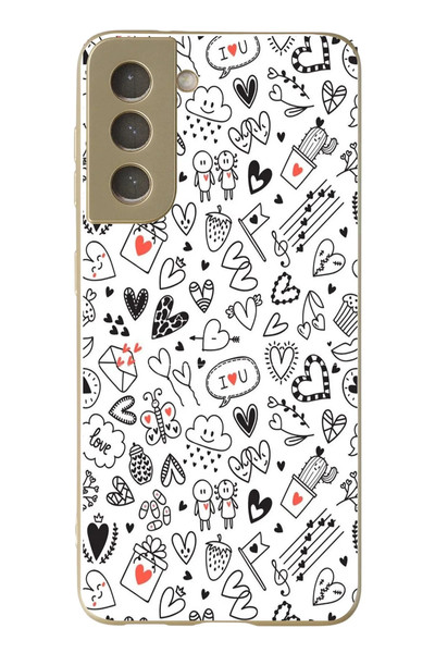 Le Balvo Samsung Galaxy S21 FE Uyumlu Retro Kalp Karışık Baskılı Silikon Kılıf