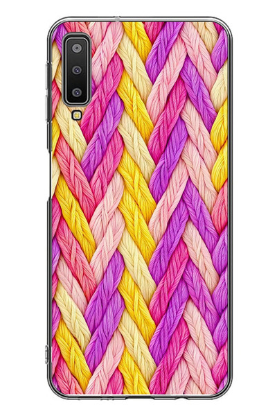 Le Balvo Samsung Galaxy A7 2018 Uyumlu Mor Sarı Örgü Baskılı Silikon Kılıf