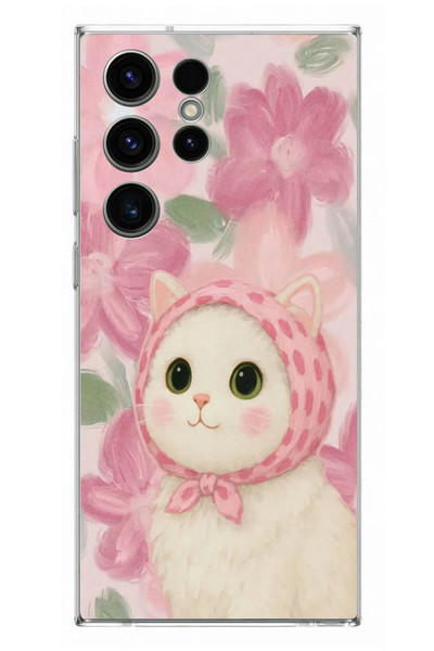 Le Balvo Samsung Galaxy S23 Ultra Uyumlu Pembe Örtülü Kedi Baskılı Silikon Kılıf