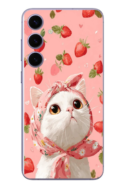 Le Balvo Samsung Galaxy S24 Plus Uyumlu Örtülü Kedi Çilekli Baskılı Silikon Kılıf