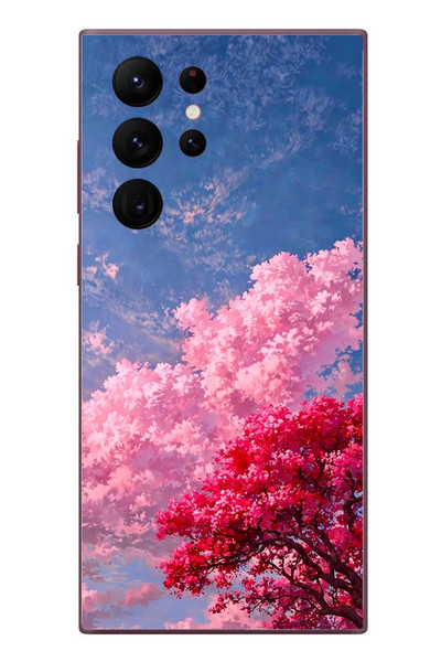 Le Balvo Samsung Galaxy S22 Ultra Uyumlu Kırmızı Pembe Ağaçlar Baskılı Silikon Kılıf