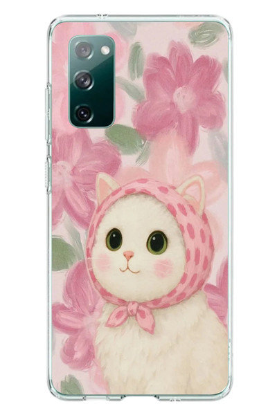 Le Balvo Samsung Galaxy S20 FE Uyumlu Pembe Örtülü Kedi Baskılı Silikon Kılıf