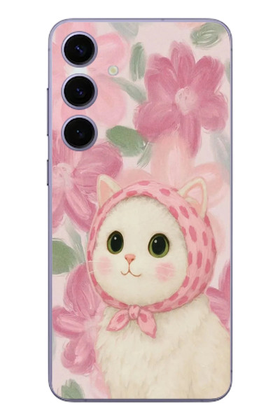 Le Balvo Samsung Galaxy S24 Plus Uyumlu Pembe Örtülü Kedi Baskılı Silikon Kılıf