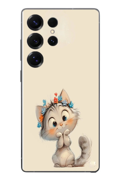 Le Balvo Samsung Galaxy S25 Ultra Uyumlu Sevimli Çiçekli Kedi Baskılı Silikon Kılıf