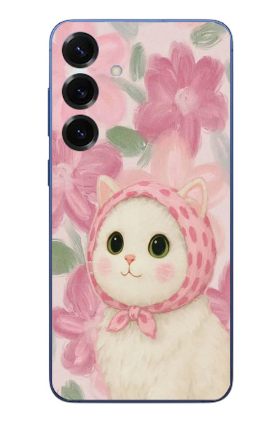 Le Balvo Samsung Galaxy S25 Plus Uyumlu Pembe Örtülü Kedi Baskılı Silikon Kılıf