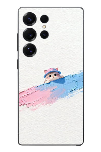 Le Balvo Samsung Galaxy S25 Ultra Uyumlu Pembe Mavi Kedi Baskılı Silikon Kılıf