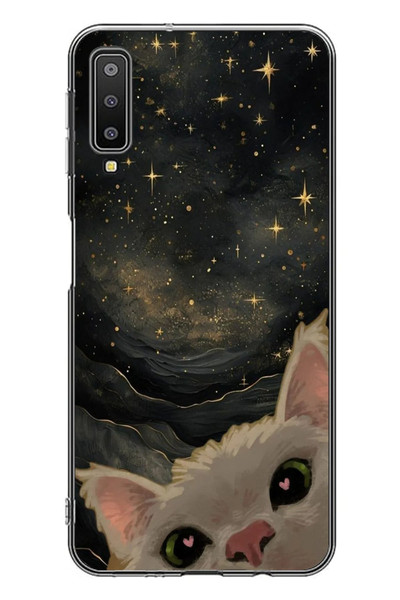Le Balvo Samsung Galaxy A7 2018 Uyumlu Siyah Gökyüzülü Kedi Baskılı Silikon Kılıf