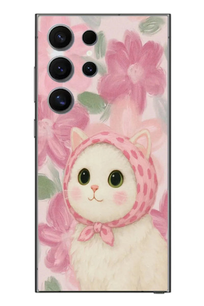 Le Balvo Samsung Galaxy S24 Ultra Uyumlu Pembe Örtülü Kedi Baskılı Silikon Kılıf