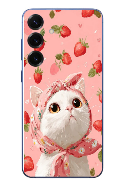 Le Balvo Samsung Galaxy S25 Plus Uyumlu Örtülü Kedi Çilekli Baskılı Silikon Kılıf