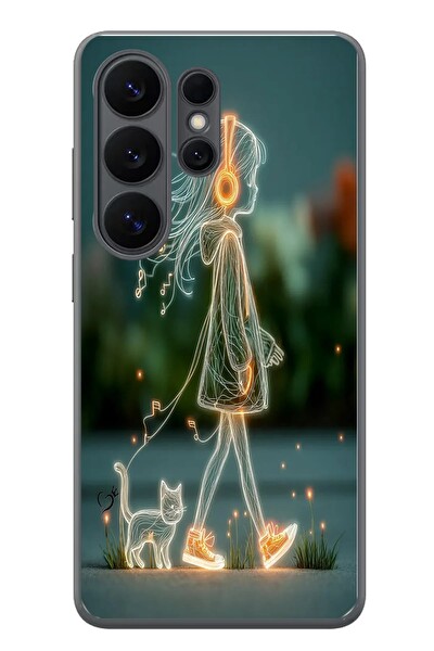 Le Balvo Samsung Galaxy S26 Ultra Uyumlu Kedili Neon Kız Baskılı Silikon Kılıf