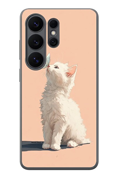 Le Balvo Samsung Galaxy S26 Ultra Uyumlu Beyaz Kelebekli Kedi Baskılı Silikon Kılıf