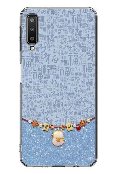 Le Balvo Samsung Galaxy A7 2018 Uyumlu Mavi Japon Desen Baskılı Silikon Kılıf