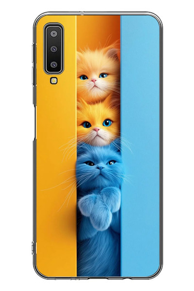 Le Balvo Samsung Galaxy A7 2018 Uyumlu Mavi Sarı Kediler Baskılı Silikon Kılıf
