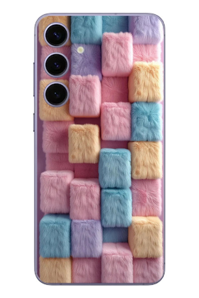 Le Balvo Samsung Galaxy S24 Plus Uyumlu Pembe Tüylü Kareler Baskılı Silikon Kılıf
