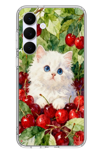 Le Balvo Samsung Galaxy S25 FE Uyumlu Kirazlı Kedi Baskılı Silikon Kılıf