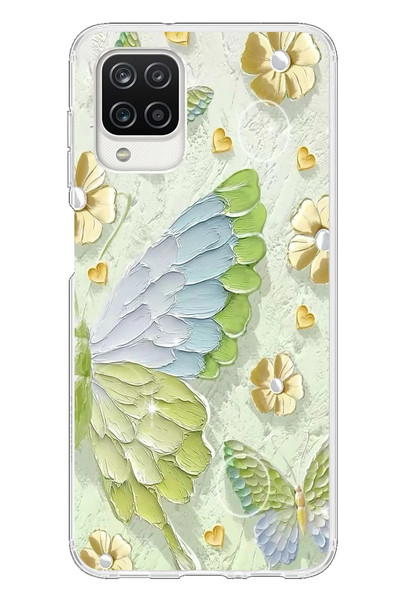 Le Balvo Samsung Galaxy A12 Uyumlu Yeşil Mavi Kelebek Baskılı Silikon Kılıf