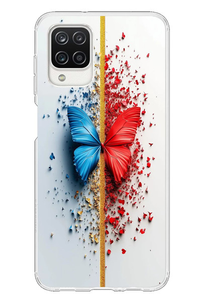 Le Balvo Samsung Galaxy A12 Uyumlu Kırmızı Mavi Kelebek Baskılı Silikon Kılıf