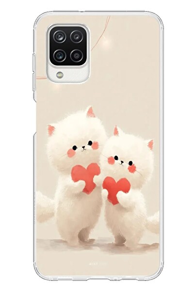 Le Balvo Samsung Galaxy A12 Uyumlu Kalpli Beyaz Kediler Baskılı Silikon Kılıf