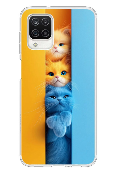 Le Balvo Samsung Galaxy A12 Uyumlu Mavi Sarı Kediler Baskılı Silikon Kılıf