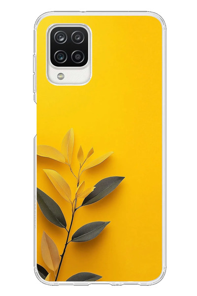 Le Balvo Samsung Galaxy A12 Uyumlu Sarı Siyah Çiçekler Baskılı Silikon Kılıf