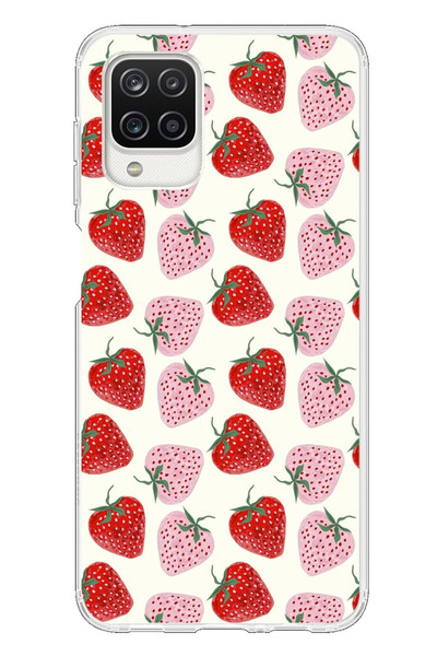 Le Balvo Samsung Galaxy A12 Uyumlu Kırmızı Pembe Çilekler Baskılı Silikon Kılıf