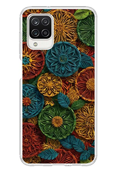 Le Balvo Samsung Galaxy A12 Uyumlu Hasır Örgü Çiçekler Baskılı Silikon Kılıf
