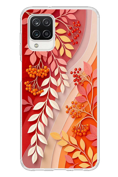 Le Balvo Samsung Galaxy A12 Uyumlu Kırmızı Beyaz İğdeler Baskılı Silikon Kılıf