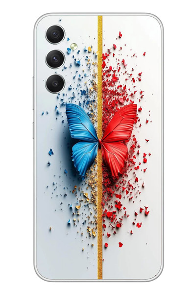Le Balvo Samsung Galaxy A34 Uyumlu Kırmızı Mavi Kelebek Baskılı Silikon Kılıf