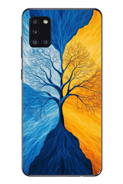Le Balvo Samsung Galaxy A31 Uyumlu Sarı Mavi Ağaç Baskılı Silikon Kılıf