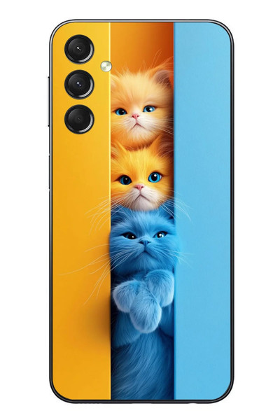 Le Balvo Samsung Galaxy A24 Uyumlu Mavi Sarı Kediler Baskılı Silikon Kılıf