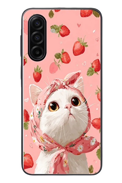 Le Balvo Samsung Galaxy A17 Uyumlu Örtülü Kedi Çilekli Baskılı Silikon Kılıf