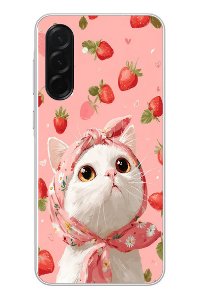 Le Balvo Samsung Galaxy A36 Uyumlu Örtülü Kedi Çilekli Baskılı Silikon Kılıf