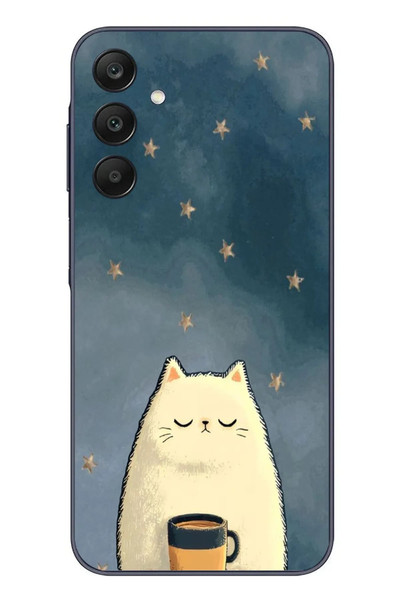 Le Balvo Samsung Galaxy A25 Uyumlu Kahveci Beyaz Kedir Baskılı Silikon Kılıf