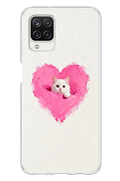Le Balvo Samsung Galaxy A12 Uyumlu Pembe Kalpli Kedi Baskılı Silikon Kılıf