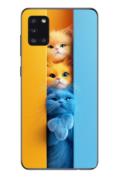 Le Balvo Samsung Galaxy A31 Uyumlu Mavi Sarı Kediler Baskılı Silikon Kılıf