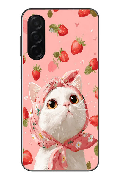 Le Balvo Samsung Galaxy A26 Uyumlu Örtülü Kedi Çilekli Baskılı Silikon Kılıf