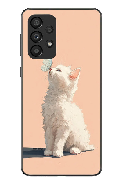 Le Balvo Samsung Galaxy A33 Uyumlu Beyaz Kelebekli Kedi Baskılı Silikon Kılıf