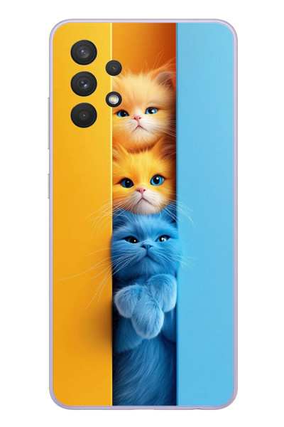 Le Balvo Samsung Galaxy A32 Uyumlu Mavi Sarı Kediler Baskılı Silikon Kılıf