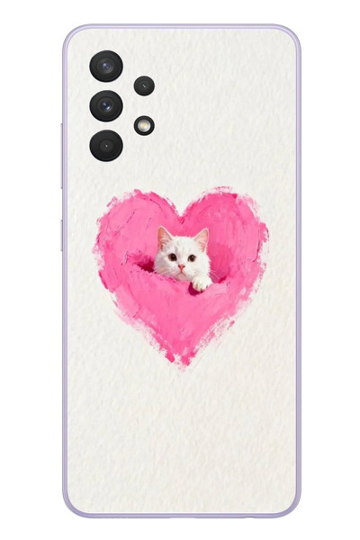 Le Balvo Samsung Galaxy A32 Uyumlu Pembe Kalpli Kedi Baskılı Silikon Kılıf