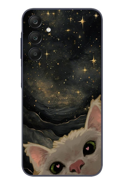 Le Balvo Samsung Galaxy A25 Uyumlu Siyah Gökyüzülü Kedi Baskılı Silikon Kılıf