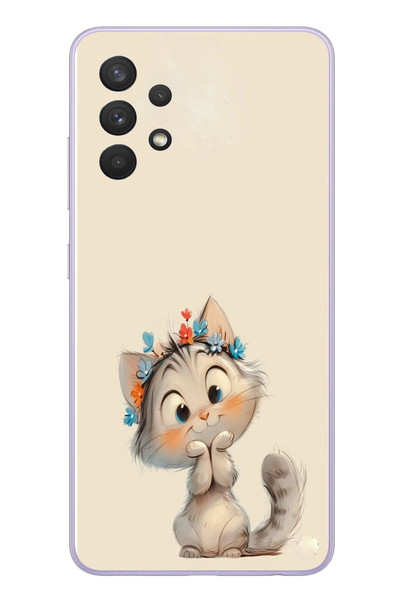 Le Balvo Samsung Galaxy A32 Uyumlu Sevimli Çiçekli Kedi Baskılı Silikon Kılıf