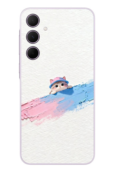 Le Balvo Samsung Galaxy A35 Uyumlu Pembe Mavi Kedi Baskılı Silikon Kılıf