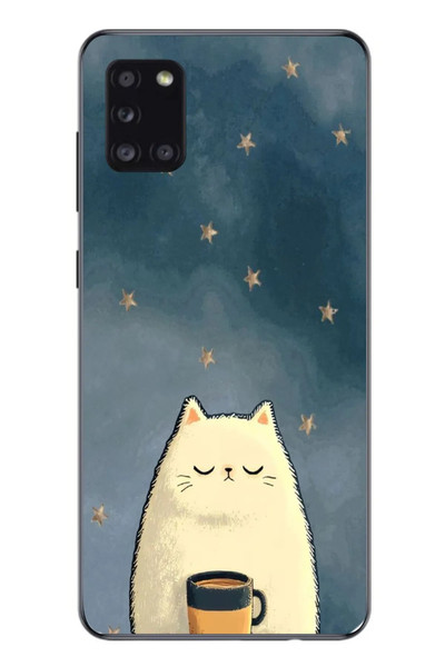 Le Balvo Samsung Galaxy A31 Uyumlu Kahveci Beyaz Kedir Baskılı Silikon Kılıf