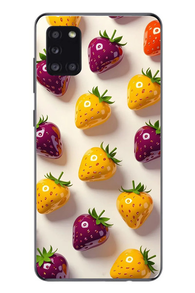 Le Balvo Samsung Galaxy A31 Uyumlu Sarı Kırmızı Çilekler Baskılı Silikon Kılıf